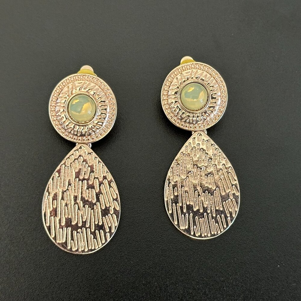 Cute Vintage Clip On Earrings Gold / Copper Tone Metal w Lime Moonglow Cabochons